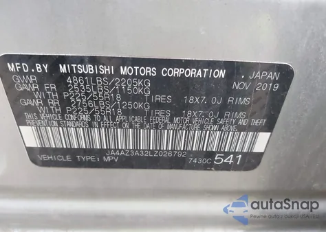 2020 Mitsubishi Outlander Es 2.4 S-Awc z USA, uszkodzony, nr VIN JA4AZ3A32LZ026792